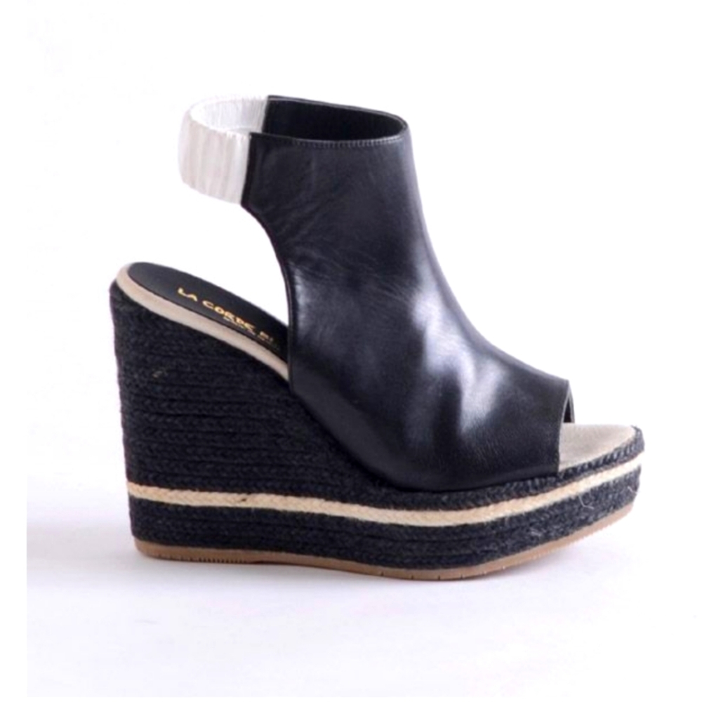 La Corde Blanche Black / White Leather Platform Wedge Sandals